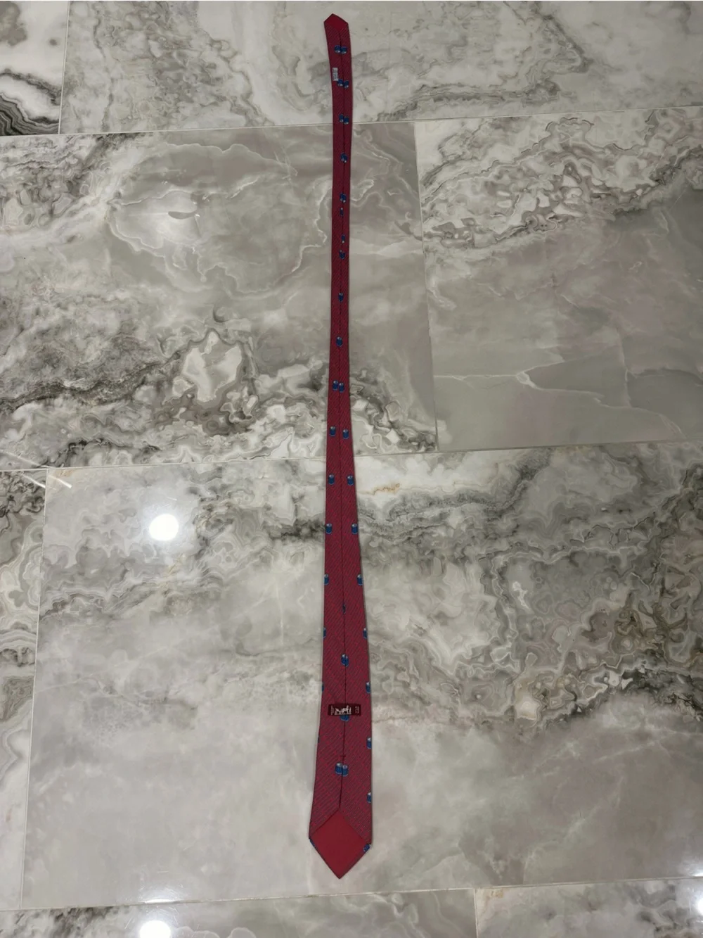 Hermès Paris 100% Silk Tie Red Blue Drum Motif Novelty Print Made in France